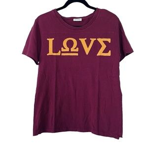 Saint Laurent Paris “Love” yellow Greek lettering relaxed fit bordeax t-shirt
